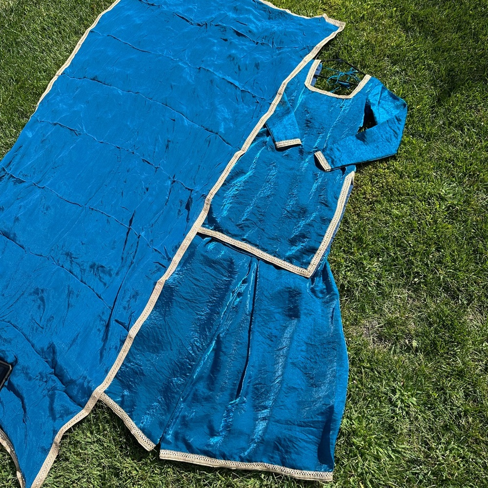 Elegant Blue Women's Dress with Gold Accents